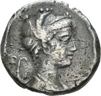 Denar des M. Plaetorius Cestianus mit Darstellung eines Kruges und einer Fackel