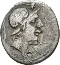 Denar des C. Publicius Malleolus mit Darstellung eines nackten Kriegers