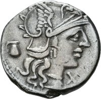 Denar des Sex. Pompeius mit Darstellung der römischen Wölfin