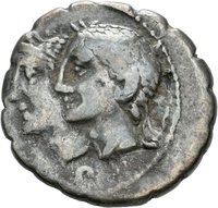 Denar serratus des C. Sulpicius mit Darstellung der Penaten