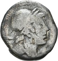 Denar des M. Volteius mit Darstellung der Kybele in einer Löwenbiga
