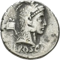 Denar serratus des L. Roscius Fabatus mit Darstellung eines Mädchens mit einer Schlange