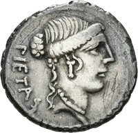 Denar des D. Iunius Brutus Albinus mit Darstellung eines Handschlags
