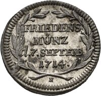 Silberabschlag der Medaille der Reichsstadt Schwäbisch Hall auf den Frieden von Baden, 1714