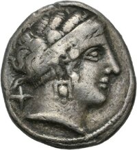 Silbermünze aus Populonia (Etrurien) mit Darstellung der Artemus/Artemis