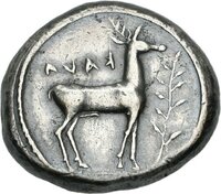 Stater aus Kaulonia (Kalabrien) mit Darstellung des Apollon