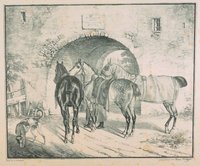 Lithographie mit Darstellung von drei Pferden vor einem Durchgang