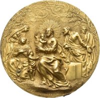 Vergoldete Bronzeplakette mit Darstellung der Kindssegnung durch Christus