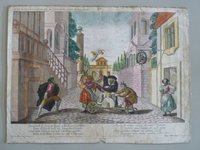Guckkastenbild der Reihe "Der Schwätzer und der Leichtgläubige", Tafel 4 mit Folterszene eines Harlekins vor Stadtlandschaft