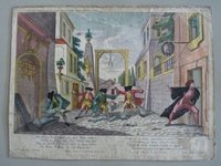 Guckkastenbild der Reihe "Der Schwätzer und der Leichtgläubige", Tafel 6 mit Stadtszene mit Galgen und Pirot in Stücke geteilt