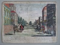 Guckkastenbild der Reihe "Der Schwätzer und der Leichtgläubige", Tafel 12 mit Tanzszene am Rande einer Stadt