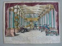Guckkastenbild der Reihe "Der Schwätzer und der Leichtgläubige", Tafel 9 mit Szene in einem Saal mit Tumult um Soldaten und Harlekin