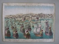 Guckkastenbild der Reihe "Augsburger Folge" mit Darstellung der bewaffneten Neutralitätsflotte der konföderierten Mächte im Hafen von Lissabon