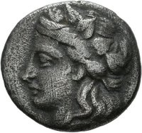 Obol aus Lamia (Thessalien) mit Darstellung des Dionysos