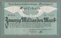 Geldschein der Reichsbahndirektion Stuttgart 20 Milliarden Mark 1923