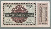 Geldschein der Waldorf-Astoria-Cigarettenfabrik Stuttgart 10 Millionen 1923, überstempelt mit 10 Milliarden