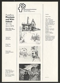 Austellungswerbung: "Phantasie und Wirklichkeit. Volkmar Götze zeigt Malerei, Grafik, Collagen und Experimente" vom 30.01. bis zum 23.02.1979