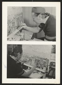 Fotocollage aus zwei schwarz-weiß Fotografien von Karl-Heinz Klingbeil beim Malen (Jahr n.a.)