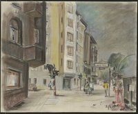 Pastellgemälde von Karl-Heinz Klingbeil: Städtische Szene Ecke Jessner Straße / Frankfurter Allee (1985)