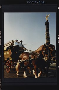 Historischer Pferdebierwagen mit Holz-Eisen-Bereifung der Holsten-Brauerei auf Werbefahrt vor der Siegessäule in Berlin, gezogen von zwei Kaltblut-Trakehnern