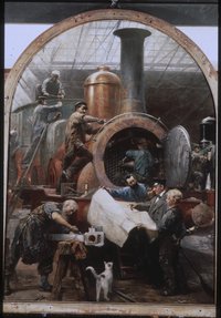 Gemälde "Vollendungsarbeiten an einer Lokomotive" von 1874 von Paul Friedrich Meyerheim