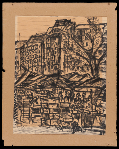 Zeichnung des Künstlers Horst Rückbrodt, Titel: Marktstände am Planufer