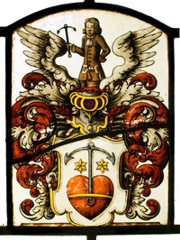 Unbekannte Wappenscheibe mit Herz, Anker und männlicher Figur