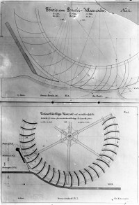 Zeichnungen eines Poncelet-Wasserrades und eines unterschlächtigen Wasserrad mit variablem Gefälle