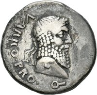 Denar des Cn. Pompeius Magnus mit Darstellung eines Delfins und eines Adlers