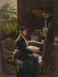 "Interieur mit der Malerin Anna Peters vor der Staffelei"