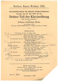 Programm zum Orgelkonzert in der Eosanderkapelle des Schlosses Charlottenburg am 26. Juli 1936