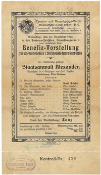 Theaterzettel des Theater- und Vergnügungs-Vereins "Dramatische Kunst 1917" in Berlin für "Staatsanwalt Alexander" 1920