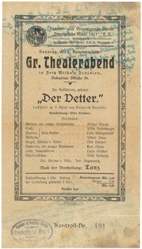 Theaterzettel des Theater- und Vergnügungs-Vereins "Dramatische Kunst 1917" in Berlin für "Der Vetter" 1920