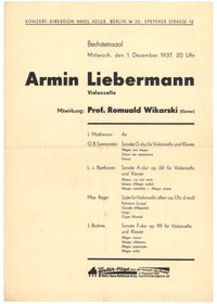 Programm zum Konzert von Armin Liebermann im Bechsteinsaal in Berlin am 1. Dezember 1937