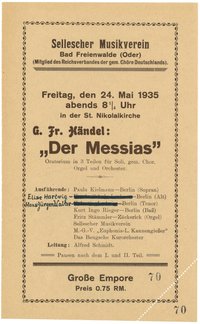 Programm des Selleschen Musikvereins Bad Freienwalde (Oder) für "Der Messias" am 24. Mai 1935 in der Nikolaikirche