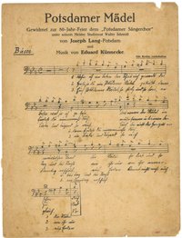 Notenblatt für die Bass-Stimme des Liedes "Potsdamer Mädel" zur 80-Jahr-Feier des Potsdamer Sängerchors 1928
