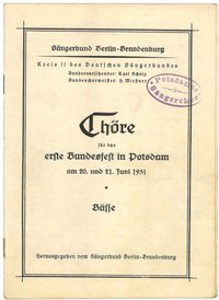 Notenheft für Bass-Stimmen beim ersten Bundesfest des Sängerbundes Berlin-Brandenburg in Potsdam am 20. und 21. Juni 1931