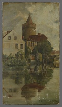 Hildebrandt, Paul: Steintorturm hinter der Uferbebauung über den Stadtkanal, 1930er Jahre