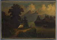 Unbekannt: Landschaft mit Waldhütte und See, 19. Jahrhundert