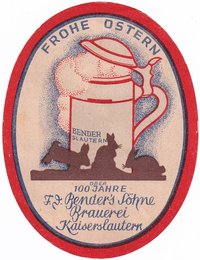 Bieretikett für Osterbier der Brauerei F. D. Bender´s Söhne in Kaiserslautern, um 1954