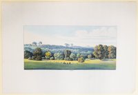 Blick von der Gloriette auf einen weiten Wiesengrund, die Neisse und die Berge dahinter, Tafel XVIII der "Andeutungen über Landschaftsgärtnerei"