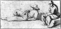 Zwei männliche Figuren, eine liegend, eine sitzend