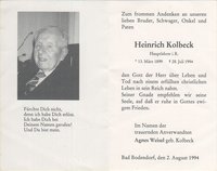 Totenzettel von Hauptlehrer Heinrich Kolbeck