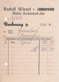 Rechnung Mühle Bodendorf-Ahr von Rudolf Wiesel