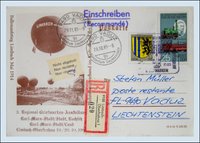 Ansichtskarte (Reprint) "Ballonaufstieg Limbach Mai 1914", als Einschreiben von Limbach-Oberfrohna nach Vaduz, Sonderstempel Limbach-Oberfrohna 1, 3. Regionale Briefmarkenausstellung, Abbildung Ballon, 19.10.1985
