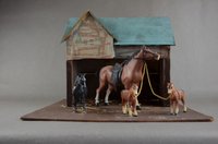 Pferdestall mit 4 Pferden, um 1950