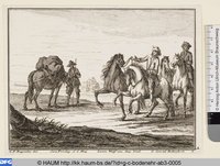 Zwei Reiter mit Handpferd und Packpferd