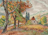 Fachwerkhaus und Bäume im Herbst