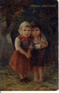 Hänsel und Gretel im dunklen Wald - Märchenpostkarte