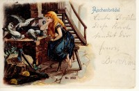 Aschenbrödel am Herd - beglimmerte Märchenpostkarte